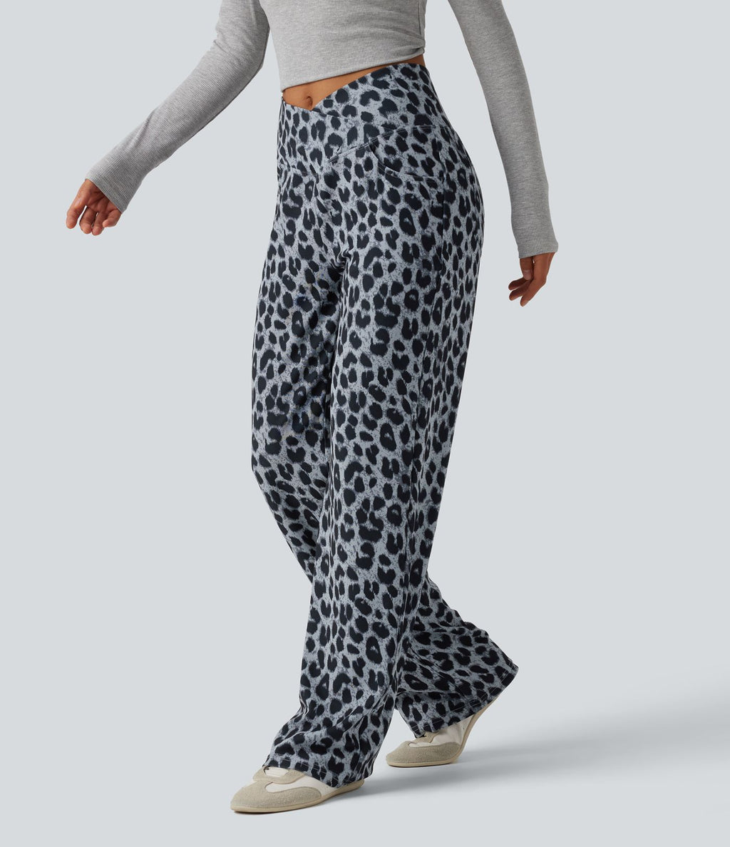 Pantalon large décontracté taille haute croisé imprimé léopard en tissu gaufré avec poches