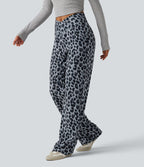 Pantalon large décontracté taille haute croisé imprimé léopard en tissu gaufré avec poches