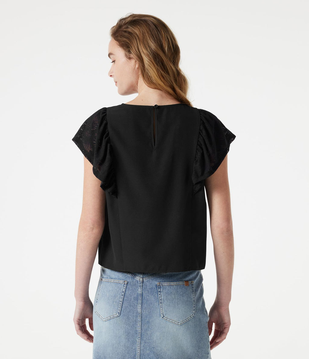 Blouse casual col rond avec découpe goutte d'eau au dos, dentelle contrastée et manches à volants