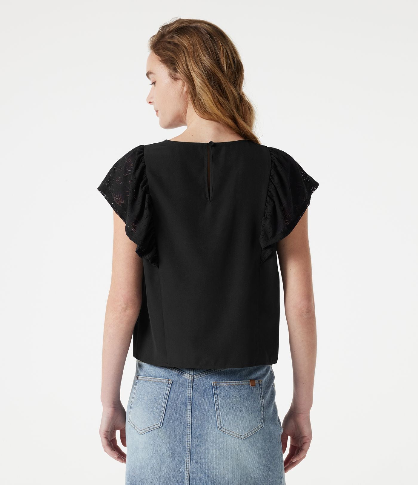 Blouse casual col rond avec découpe goutte d'eau au dos, dentelle contrastée et manches à volants