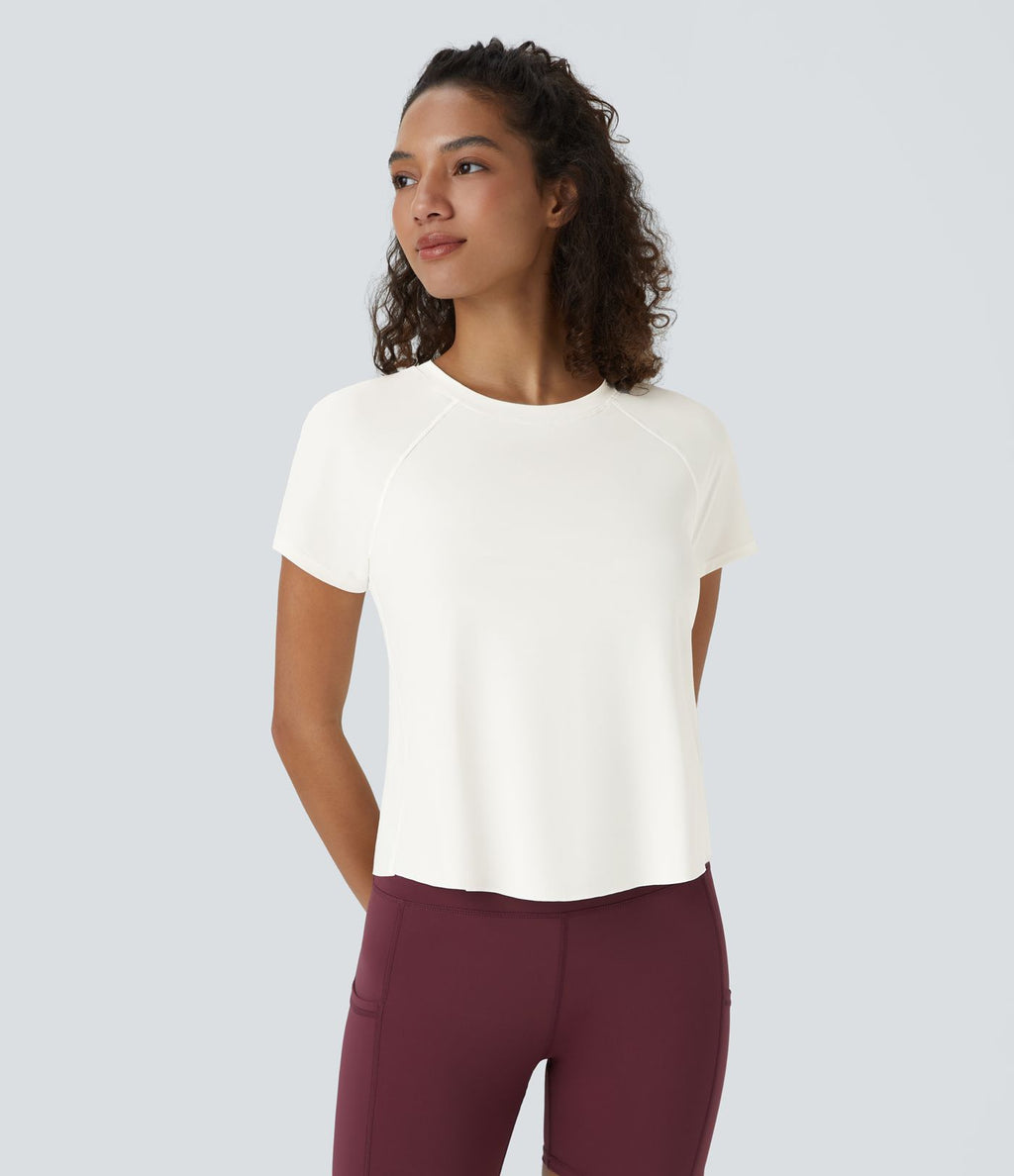 Haut de sport yoga à manches courtes avec ourlet fendu, effet frais InstantCool et mesh contrastant, protection solaire UPF50+