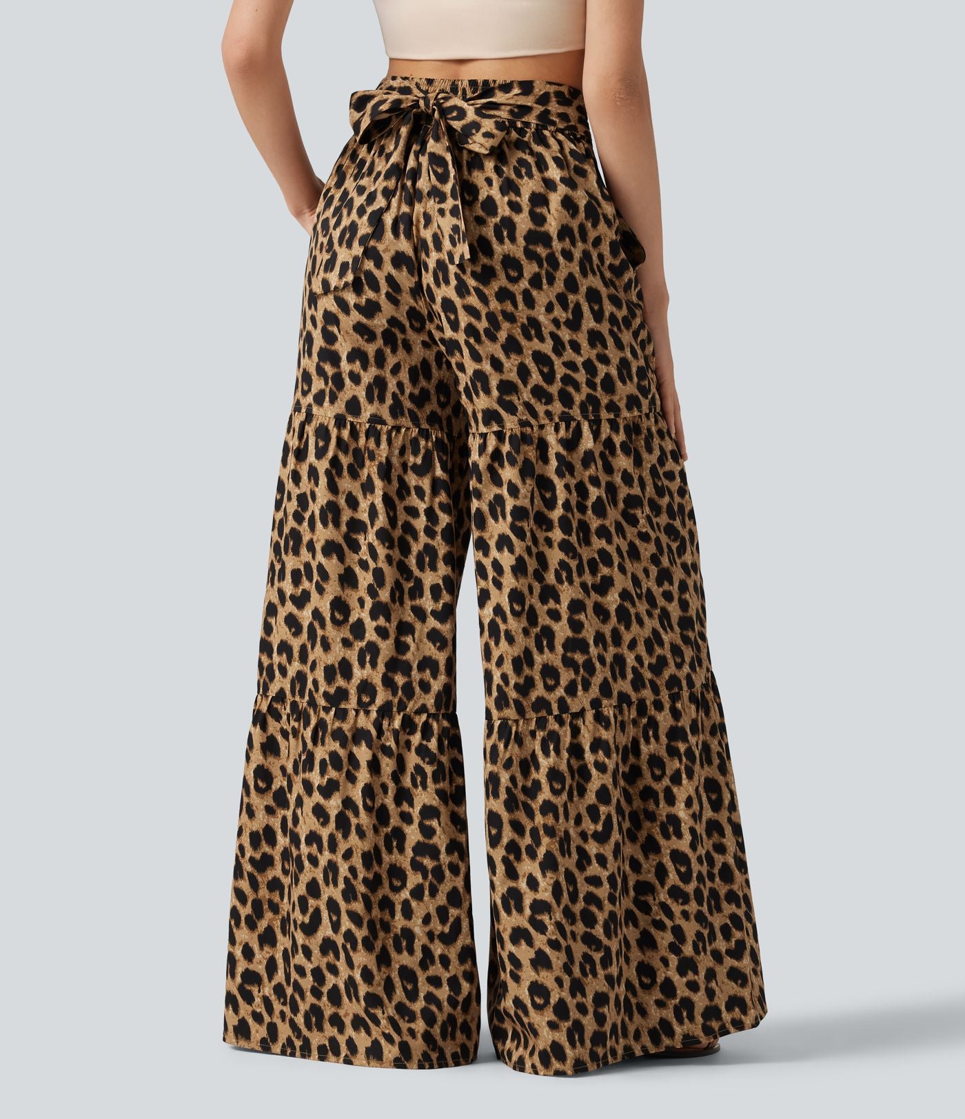 Pantalon ample décontracté taille mi-haute avec nœud devant imprimé léopard avec poches