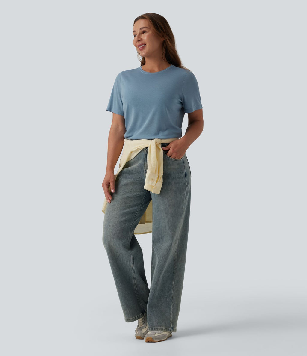 T-shirt décontracté ample à col rond et manches courtes en laine mélangée