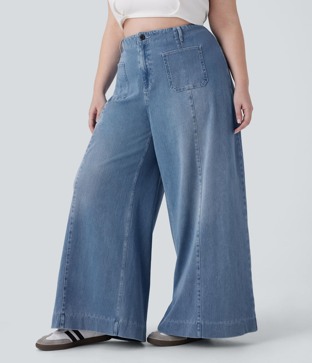 Jean décontracté Halara Flex™ grande taille large taille haute en maille extensible délavée avec poches avant