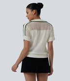 Pull casual manches courtes demi-zip découpes color block