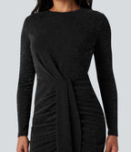 Robe mini manches longues, col rond, drapée, moulante, effet sparkle