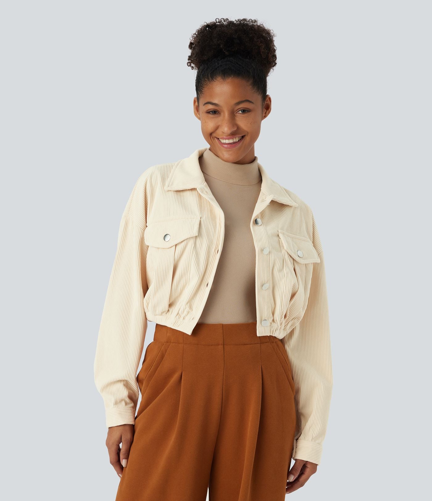 Veste Casual en Velours Côtelé à Boutons Poches Col Court