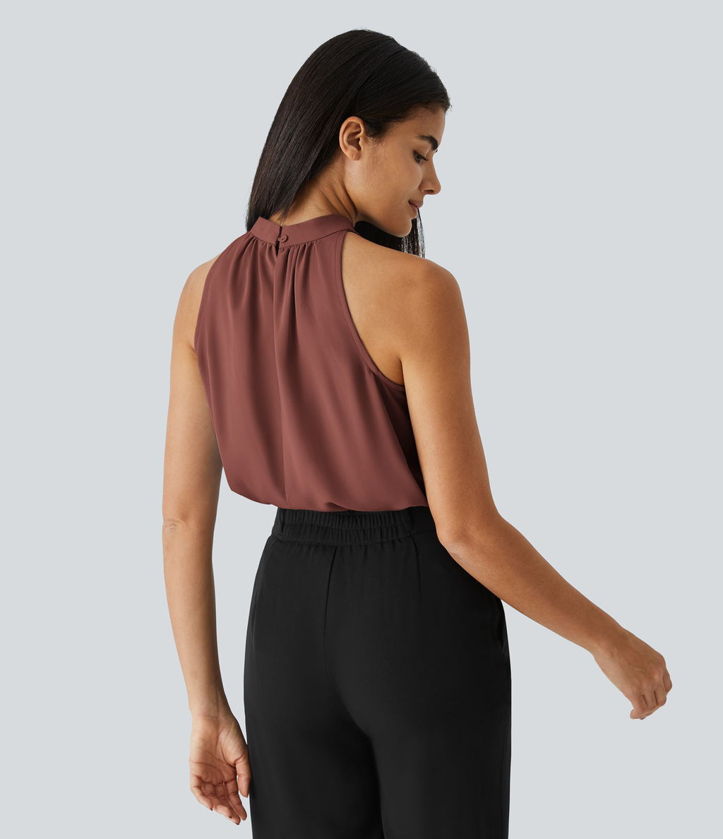 Blouse Travail Sans Manches Ourlet Courbé Col Haut Découpe au Dos Plis