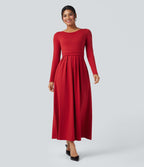 Robe longue décontractée évasée col rond plongeant manches longues avec poches