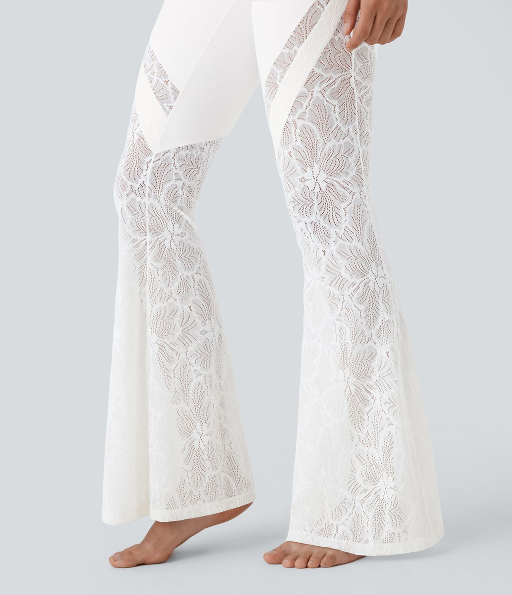 Pantalon de yoga évasé à taille haute croisée, poche arrière et dentelle