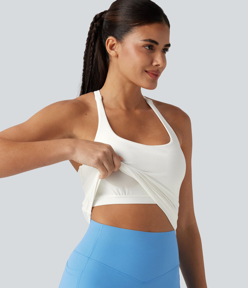 Débardeur de running croisé dos nu, brassière intégrée — version longue — bonnets A à D
