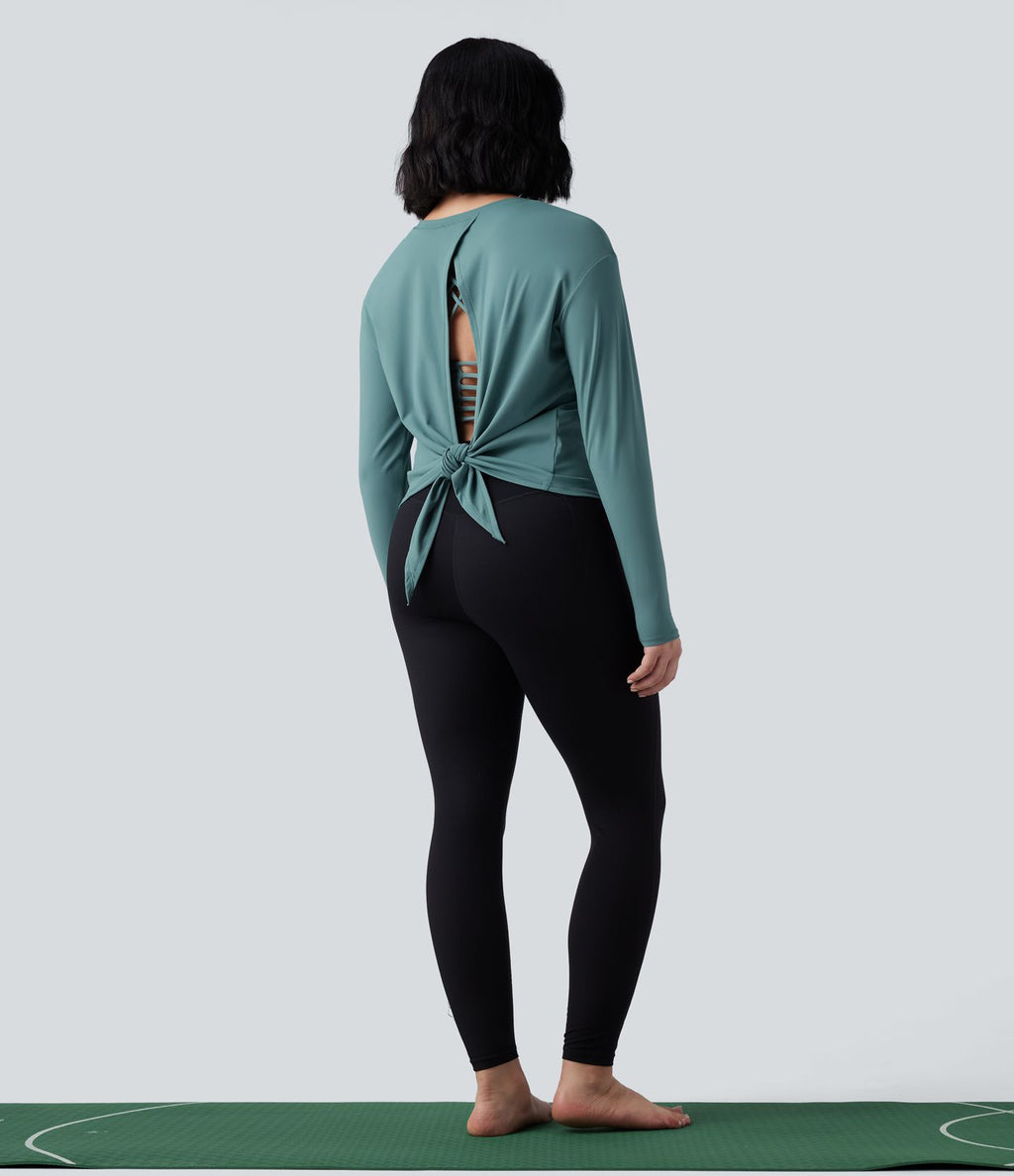 Haut de sport yoga SoftlyZero™ 2-en-1 col rond à manches longues avec nœud au dos et effet frais InstantCool, protection solaire UPF50+