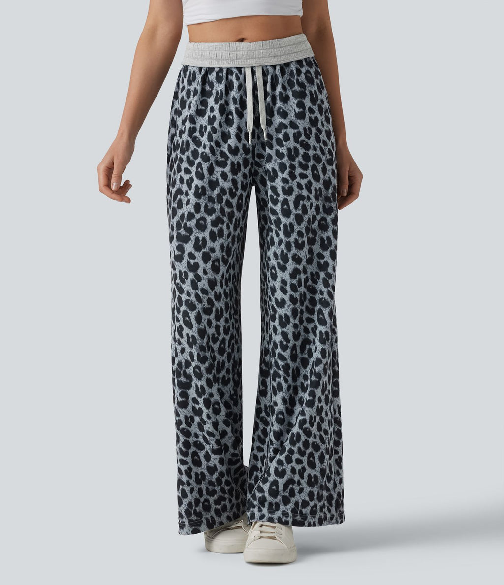 Pantalon ample taille haute rabattable en tissu gaufré imprimé léopard avec cordon de serrage et poches