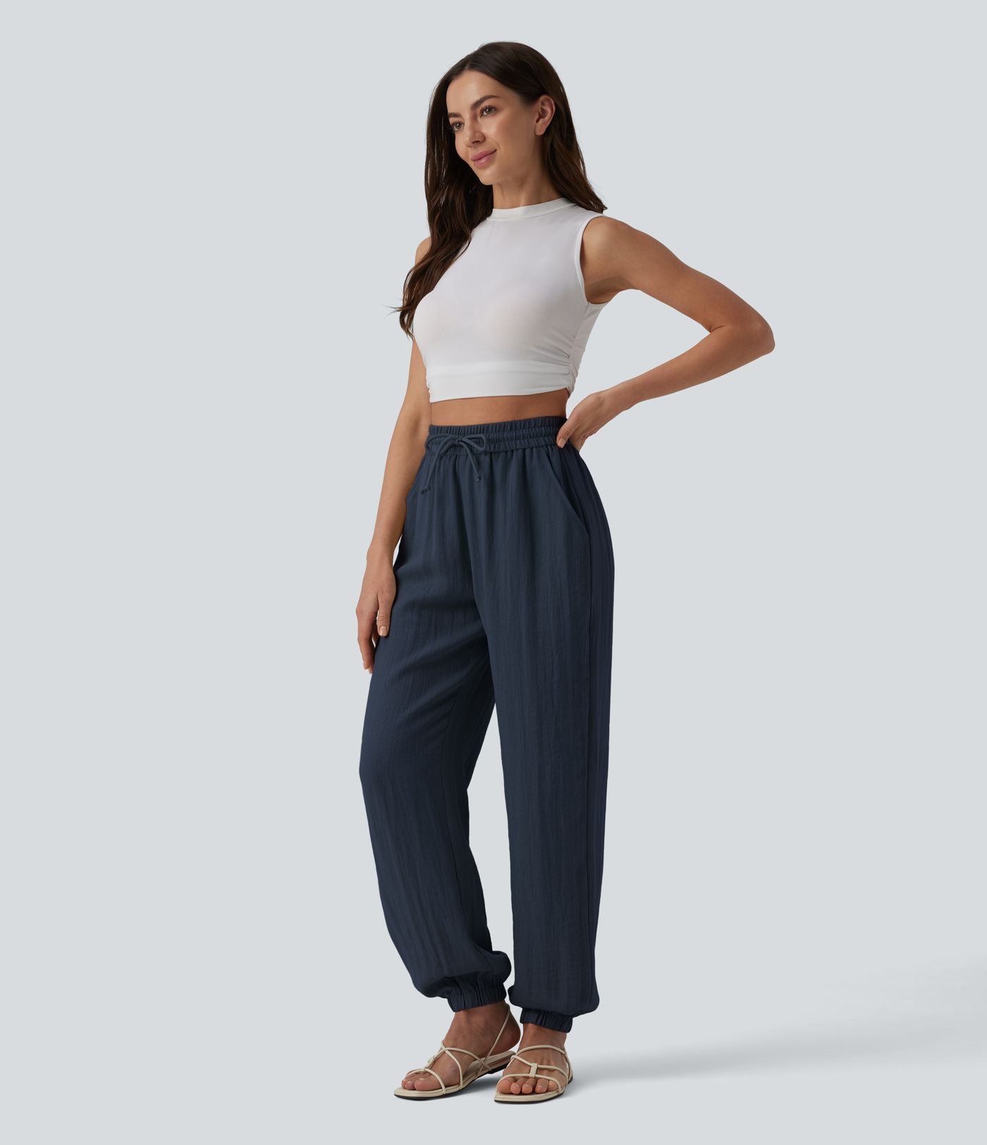 Jogging casual large ample taille haute aspect lin à cordon de serrage avec poches