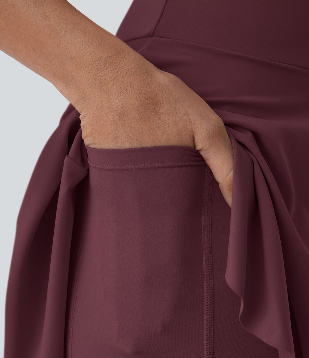 Robe Casual Mini Évasée 2-en-1 à Col V Profond Dos Nageur et Poches Latérales