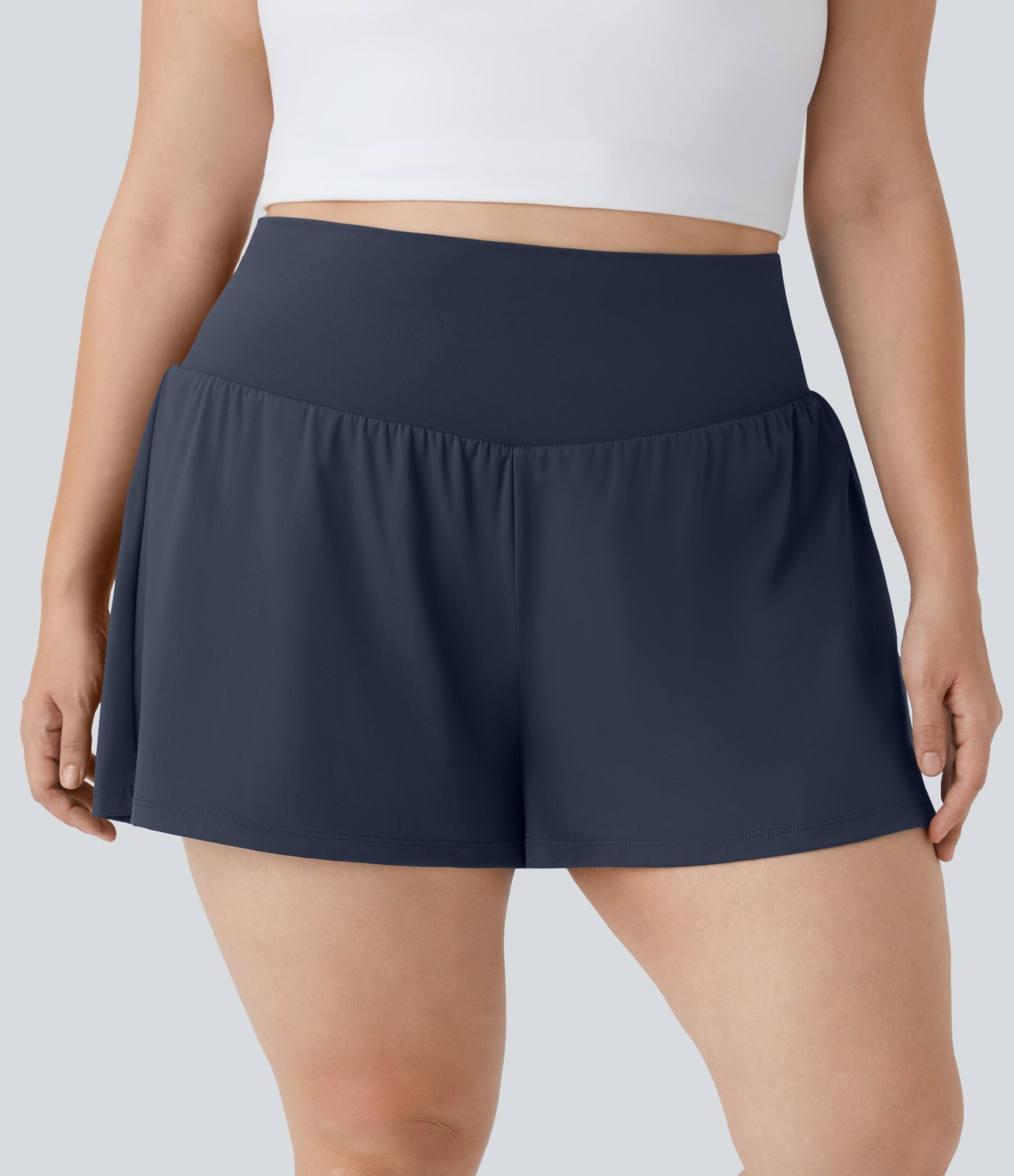 Short Yoga 10cm Plus Longue Taille Ultra Haute 2 en 1 Poche Arrière Poche Cachée Latérale Grande Taille