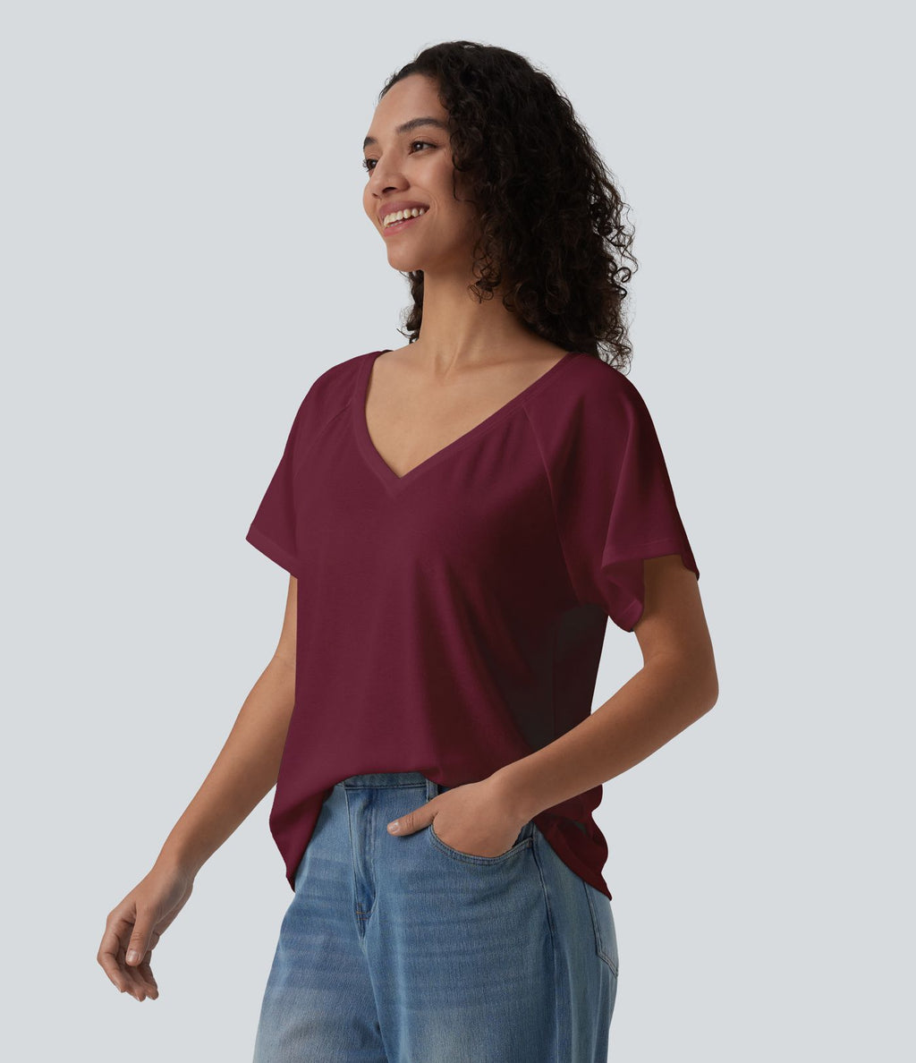 T-shirt casual col V manches raglan courtes coupe ample