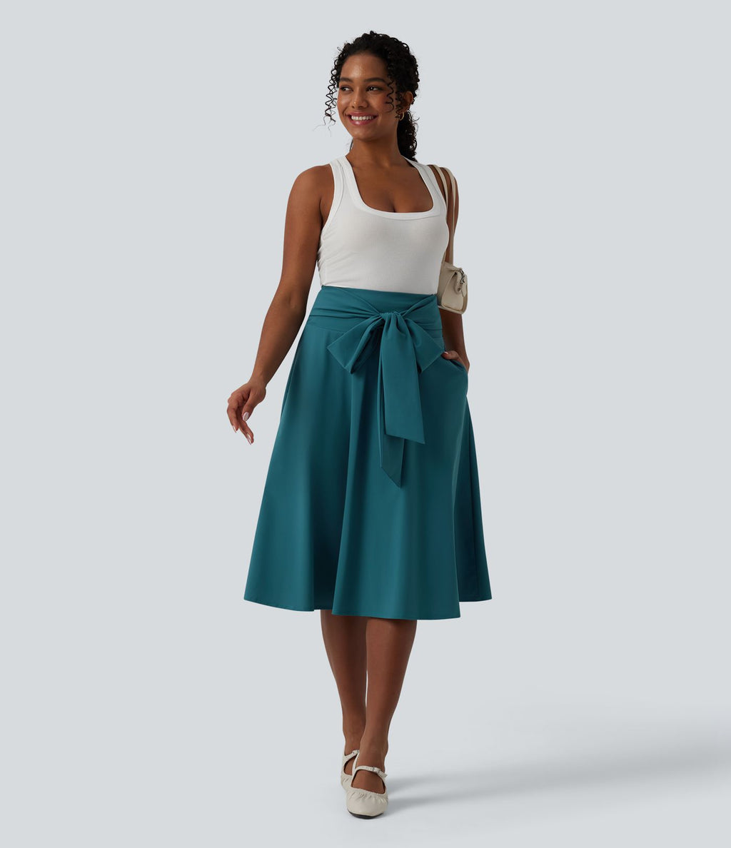 Jupe midi casual trapèze taille haute à nœud devant