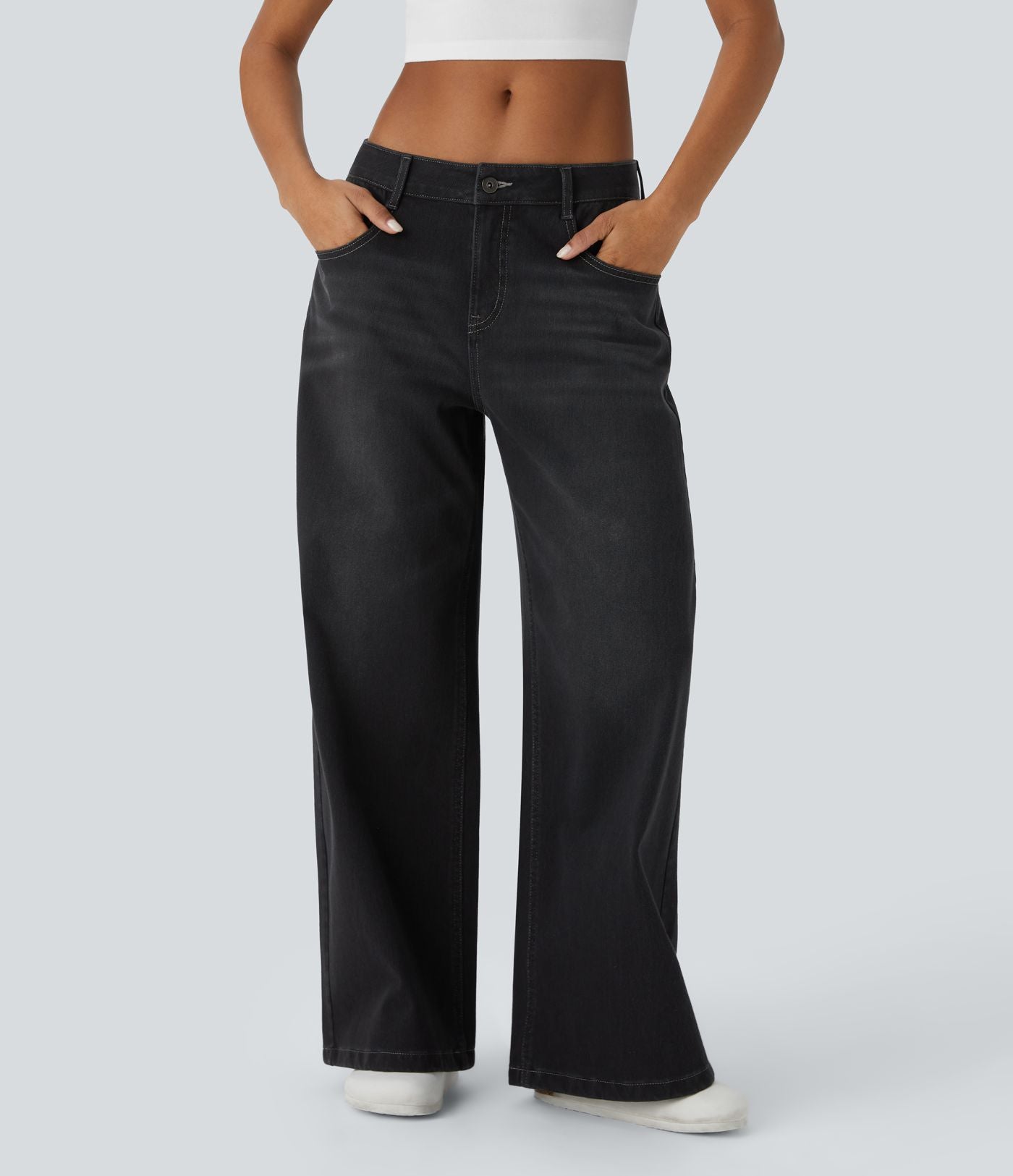 Halara Flex™ Jean Large Casual Taille Basse avec Boutons Zip Multiples Poches Lavés Élastiques et Tricotés