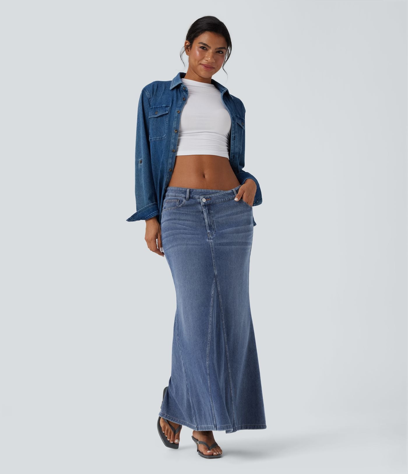 Jupe maxi denim sirène asymétrique fendue Halara Flex™ taille basse avec poches