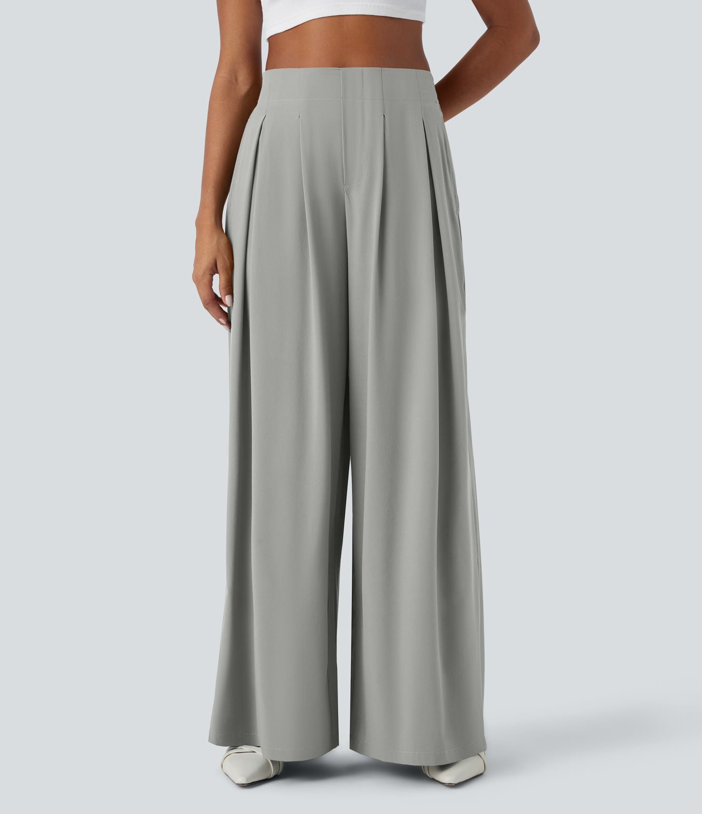 Breezeful™ Pantalon Large Fluide Taille Haute Plis Poches Latérales et Taille Élastique Séchage Rapide