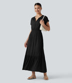 Robe midi décontractée fluide, col V, manches courtes