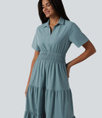 Robe-chemise midi fluide et décontractée en popeline extensible à manches courtes et poches