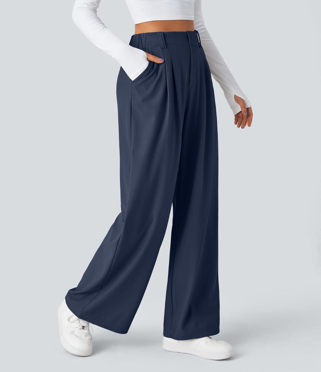 Pantalon Tailleur Large Fluide Halara Flex™ Gaufré Taille Haute Poches Latérales