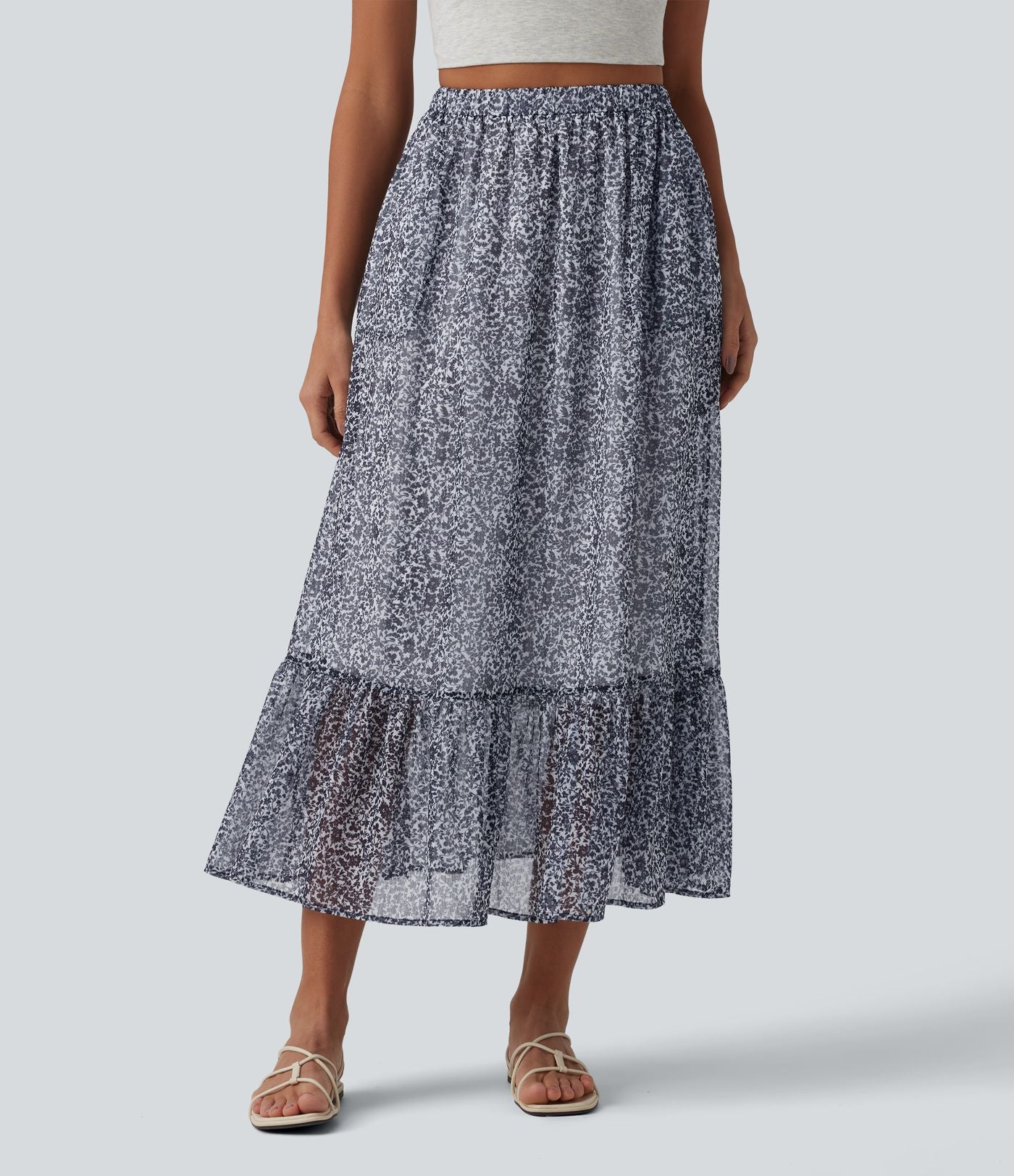 Jupe mi-longue fluide casual imprimé floral taille haute avec poches