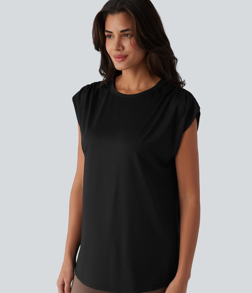 Top de sport yoga ample col rond sans manches avec fronces