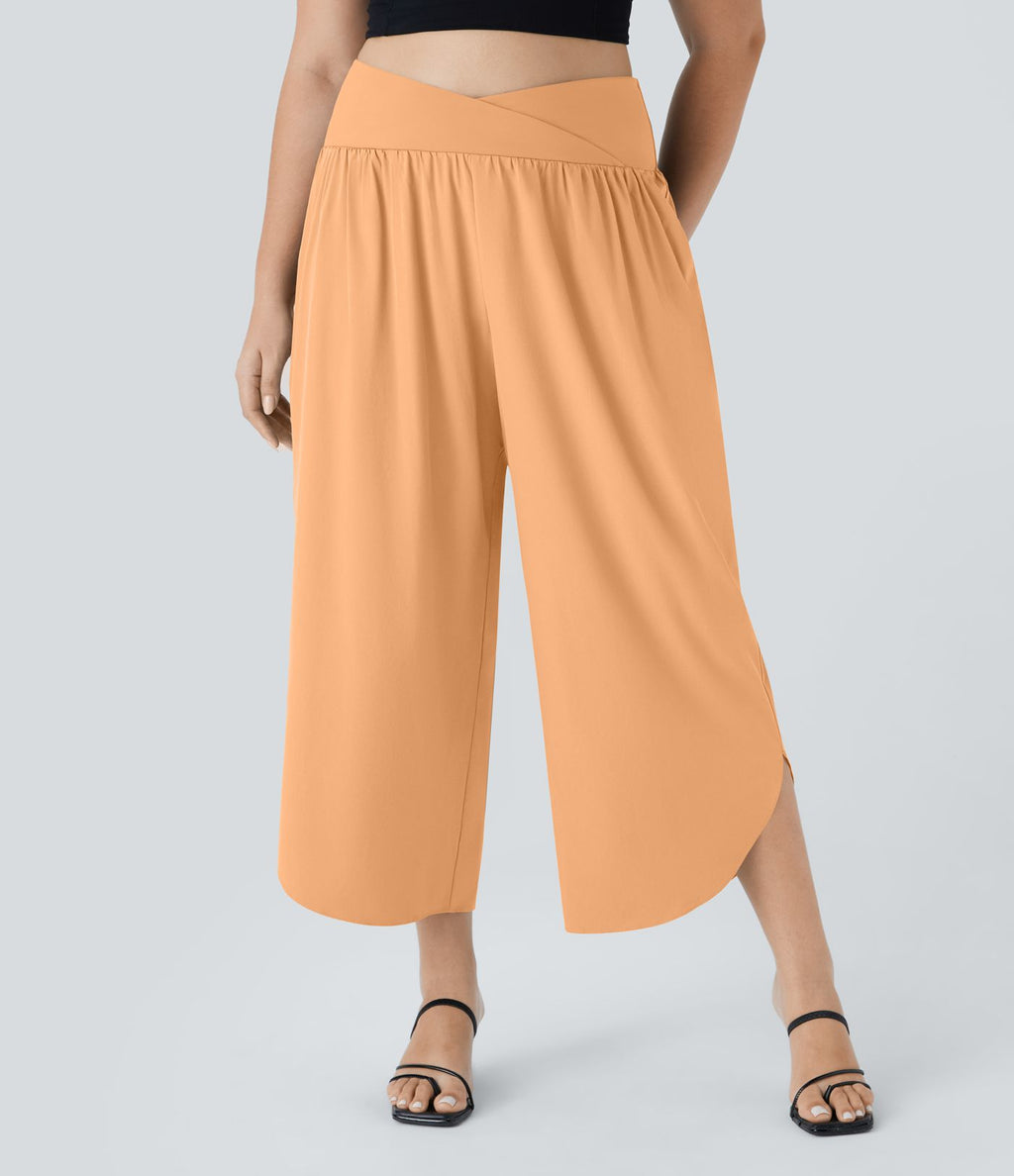 Breezeful™ Pantalon de Vacances Grande Taille Taille Haute avec Découpe Croisée Plissé Poche Latérale Fente et Séchage Rapide
