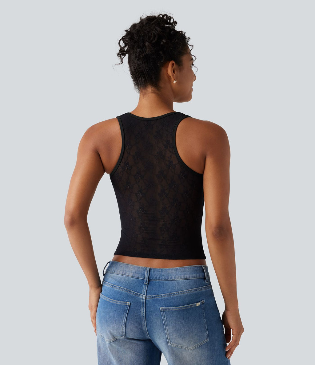 Débardeur casual SoftlyZero™ Airy à col U, dentelle contrastée, découpes et coussinets amovibles