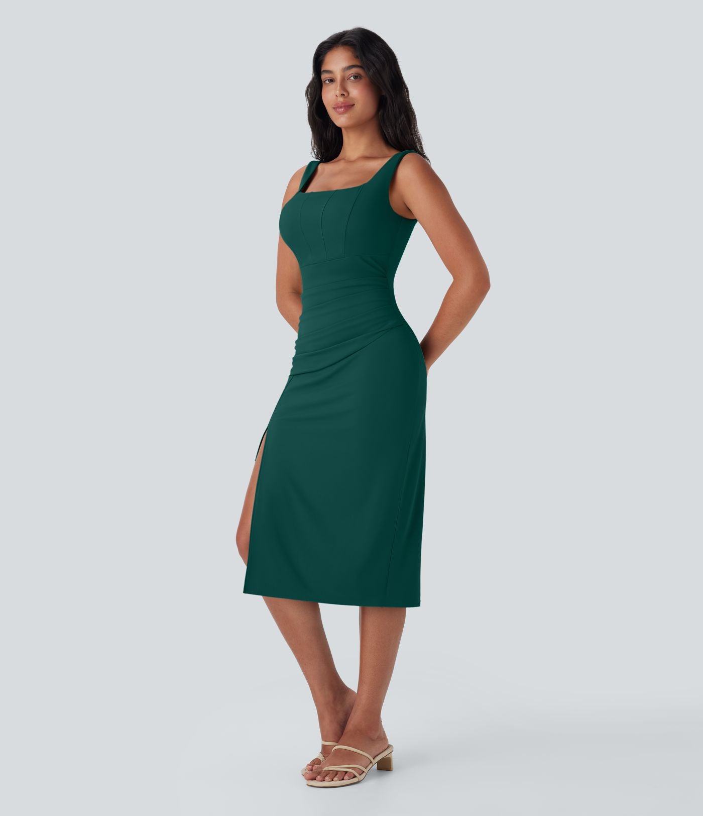 Robe moulante mi-longue SoftlyZero™ Airy col carré corset froncée effet frais InstantCool, bonnets E-G