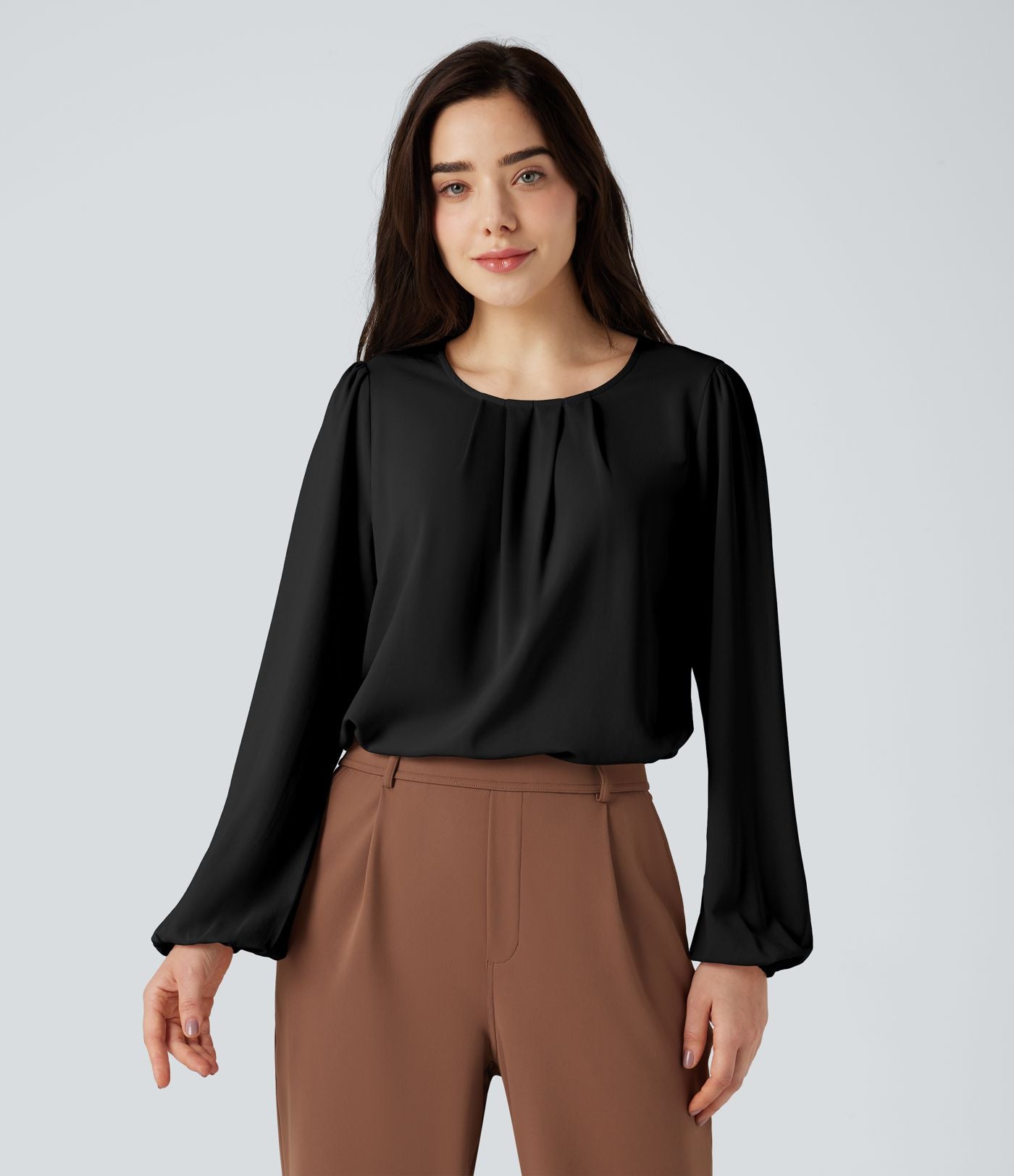 Blouse tailleur décontractée col rond dos keyhole manches bouffantes ourlet arrondi