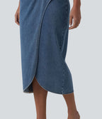Halara Flex™ Jupe en Jean midi délavé taille haute avec zip dos, effet drapé et ourlet tulipe