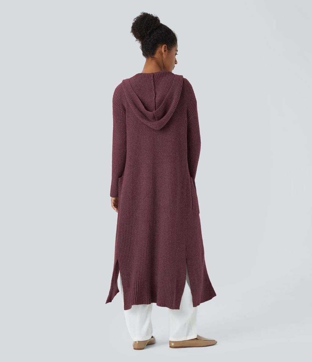 Cardigan long casual à capuche, manches longues et poches
