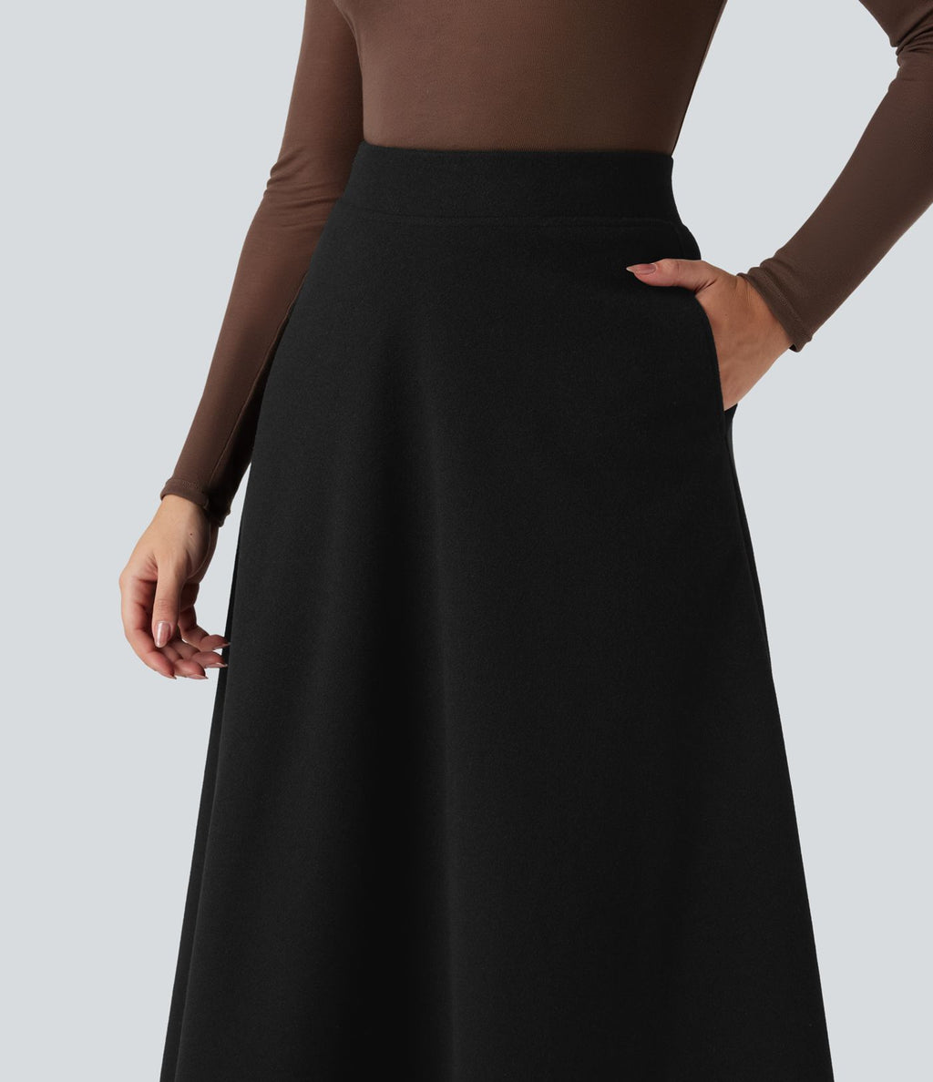 Jupe mi-longue évasée polaire taille haute avec poches