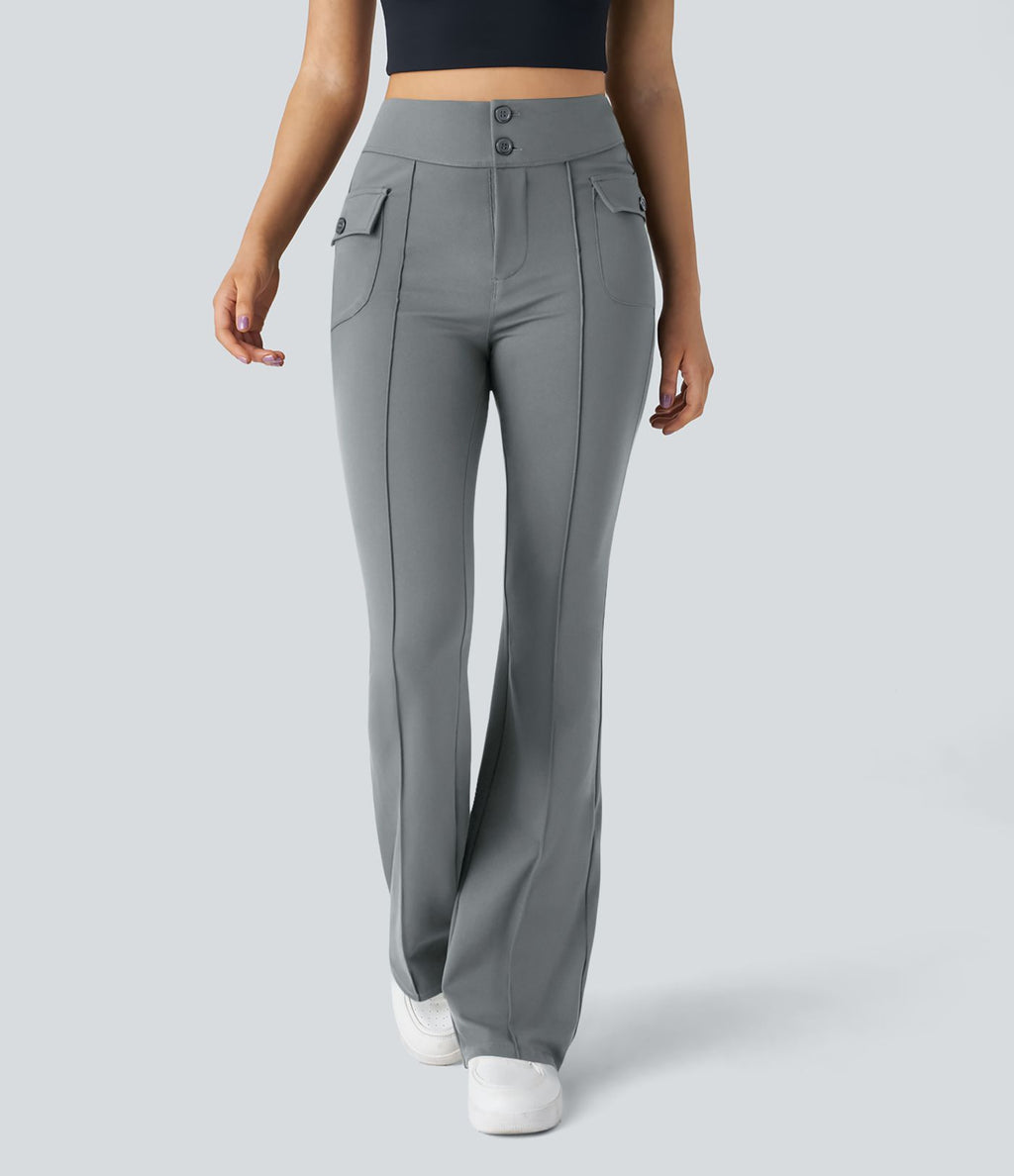 Pantalon cargo décontracté évasé taille haute avec poches à rabat latérales