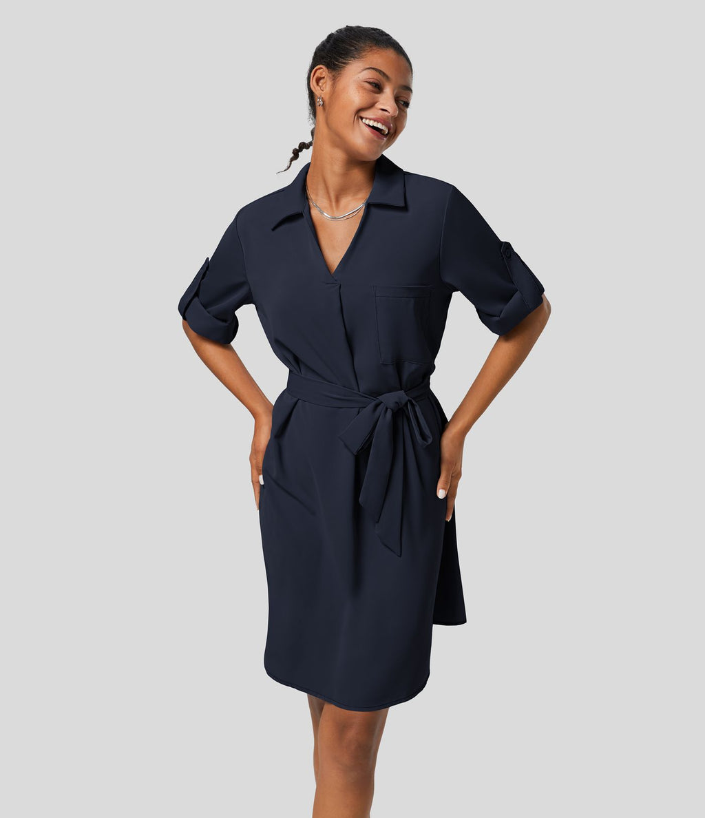 Robe-chemise décontractée à col, manches retroussables et ceinture