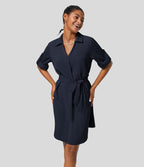 Robe-chemise décontractée à col, manches retroussables et ceinture