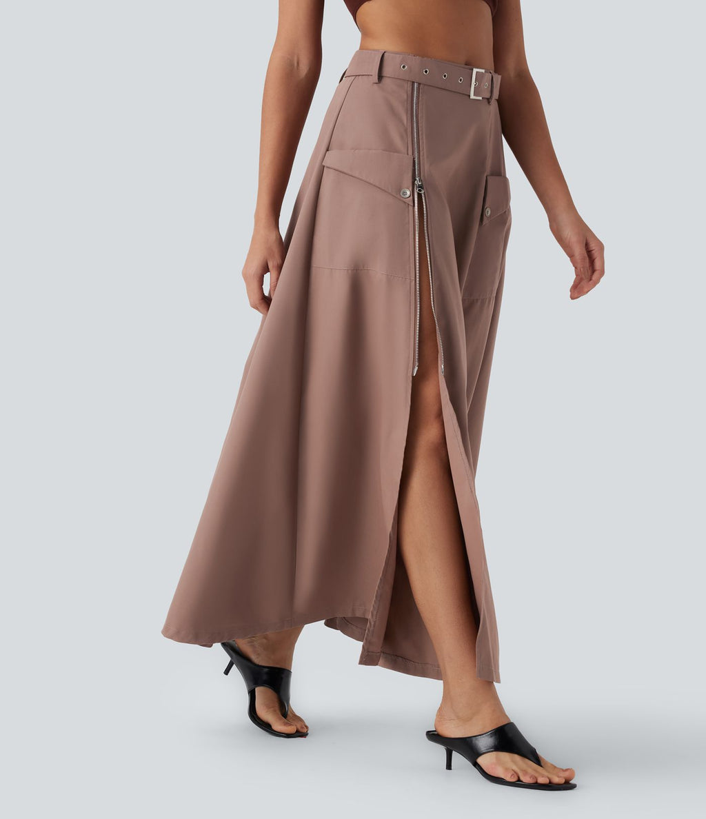 Jupe longue décontractée taille mi-haute avec ceinture fermeture éclair fente et poches latérales