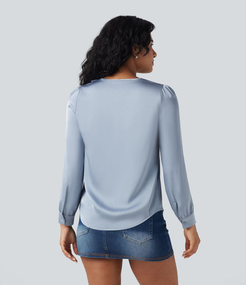 Chemise décontractée en satin col V manches longues à finitions volants