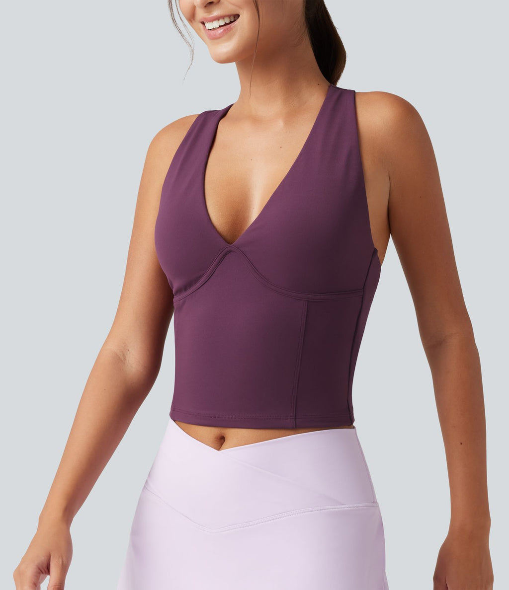 Débardeur de yoga SoftlyZero™ à col V, bretelles croisées, coussinets amovibles et protection solaire UPF 50+