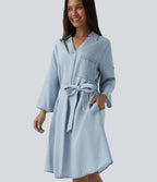Robe courte casual denim en lyocell col V manches longues avec nœud devant et poches