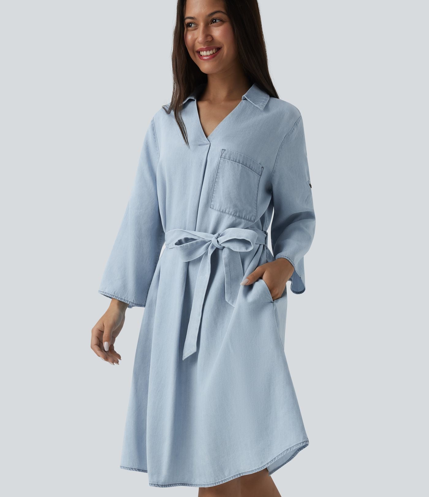 Robe courte casual denim en lyocell col V manches longues avec nœud devant et poches