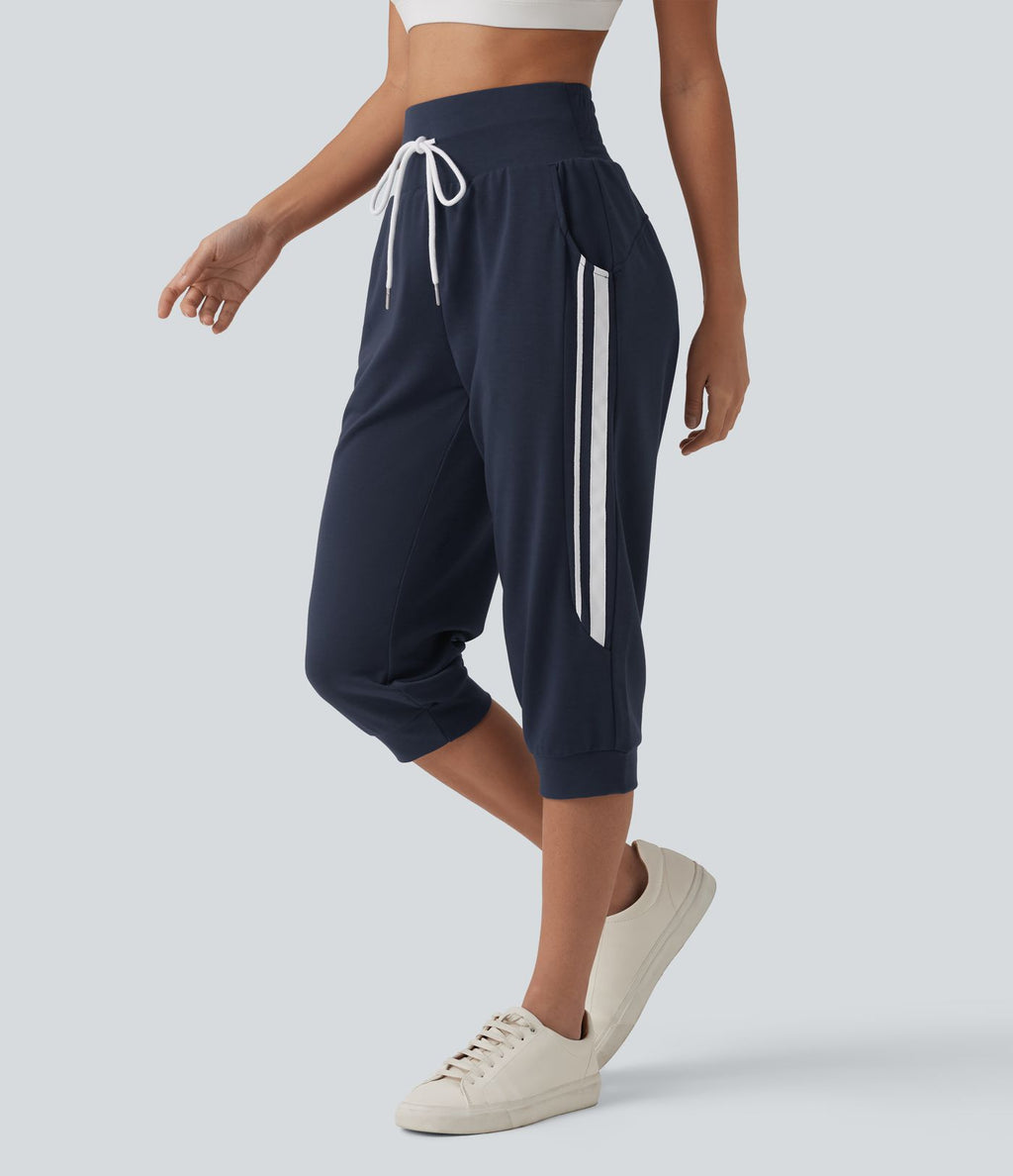 Jogging casual capri à rayures taille haute avec cordon de serrage et poches