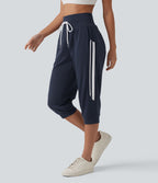 Jogging casual capri à rayures taille haute avec cordon de serrage et poches