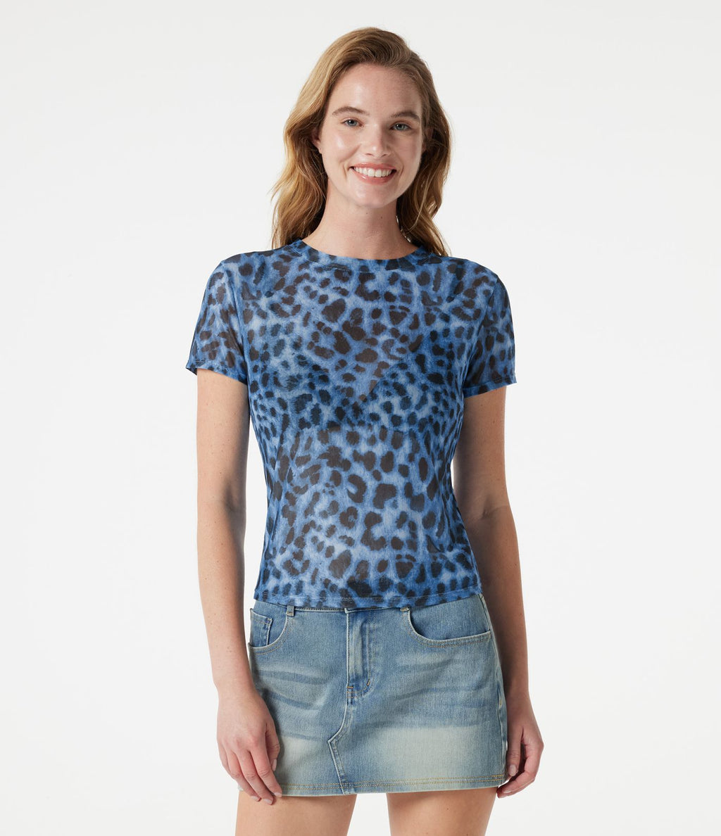 T-shirt décontracté col rond manches courtes imprimé léopard