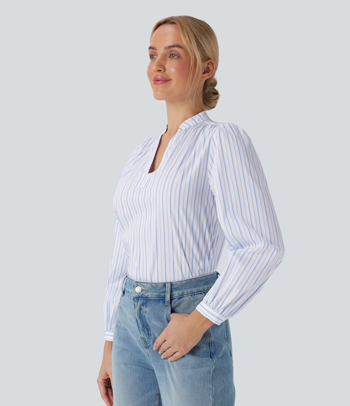 Blouse décontractée col V asymétrique imprimé rayé