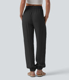 Jogging casual large ample taille haute aspect lin à cordon de serrage avec poches